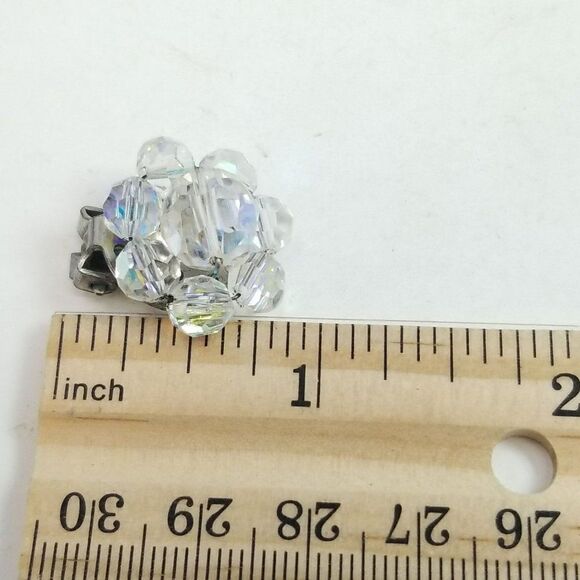 Vintage AB Glass Beaded Cluster Clip On Earrings, 50s 60s Style, Rainbow Finish - Picture 4 of 5